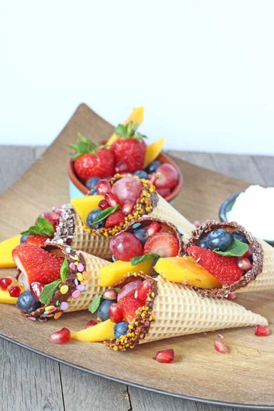 Chocolate dipped fruit cones