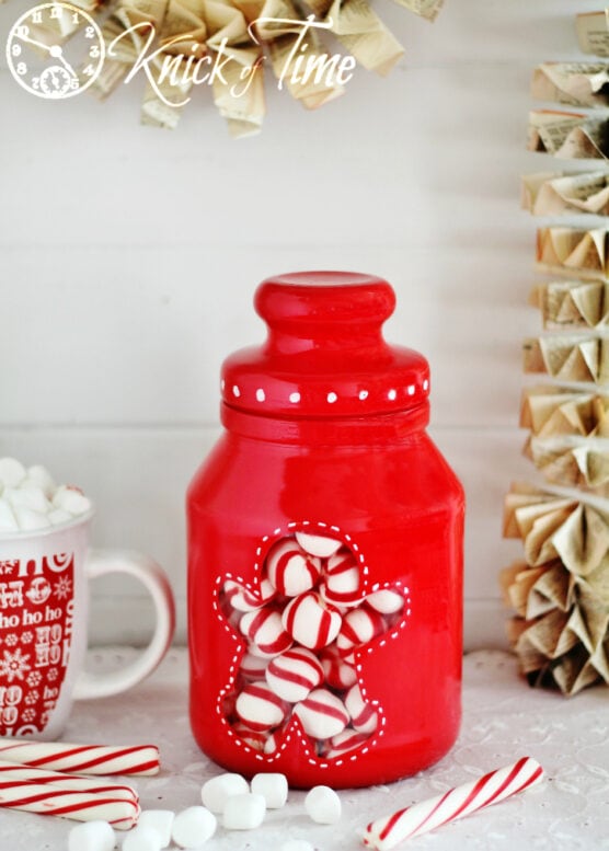 Gingerbread Man painted jar in red with peppermint inside